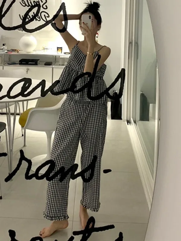 

Summer Plaid Wide Leg Pants Set Women's Straight Tube Long Pants Spwear Home Clothes Two Piece Set Doll irt Strap