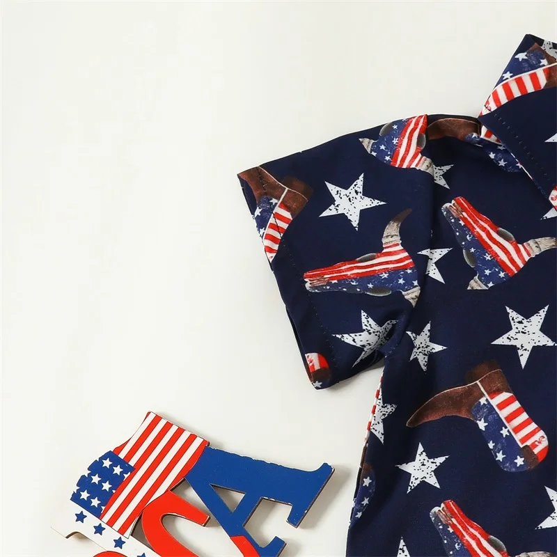 

Newborn Baby Boy 4th Of July Outfit Infant Independence Day Short Sleeve Button Down Lapel Collar Stars Romper