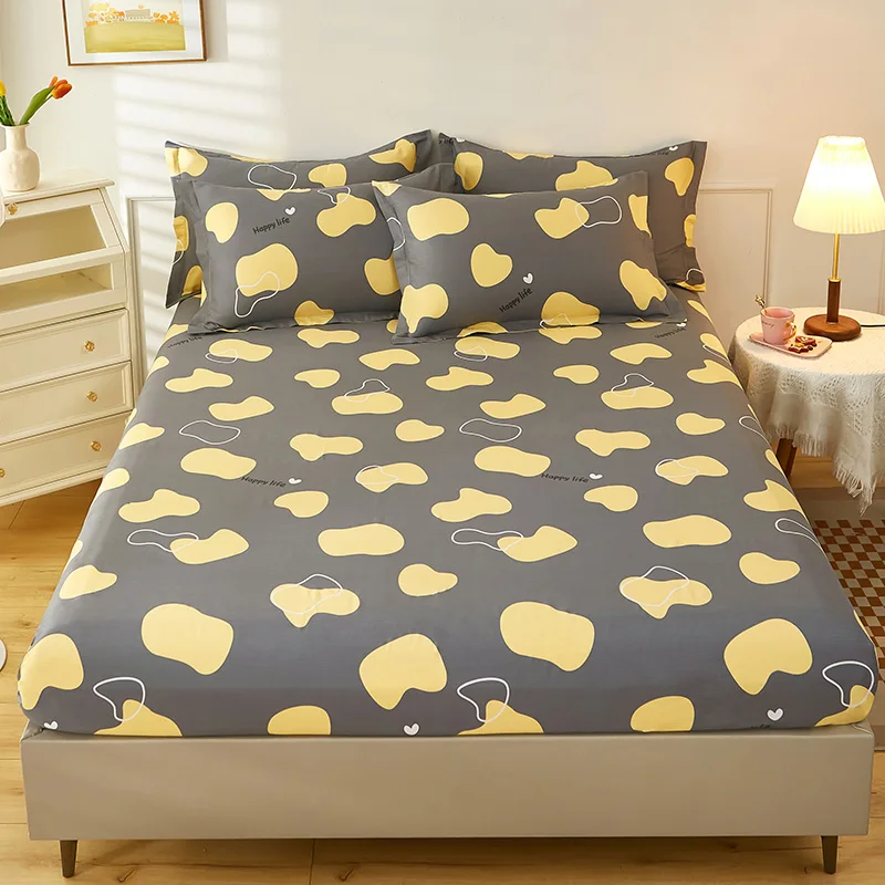 3PCS Geometric Pattern Fitted Sheet Set Cotton Yellow Irregular Abstract Pattern Bed Cover with All-Round Elastic Deep Pocket