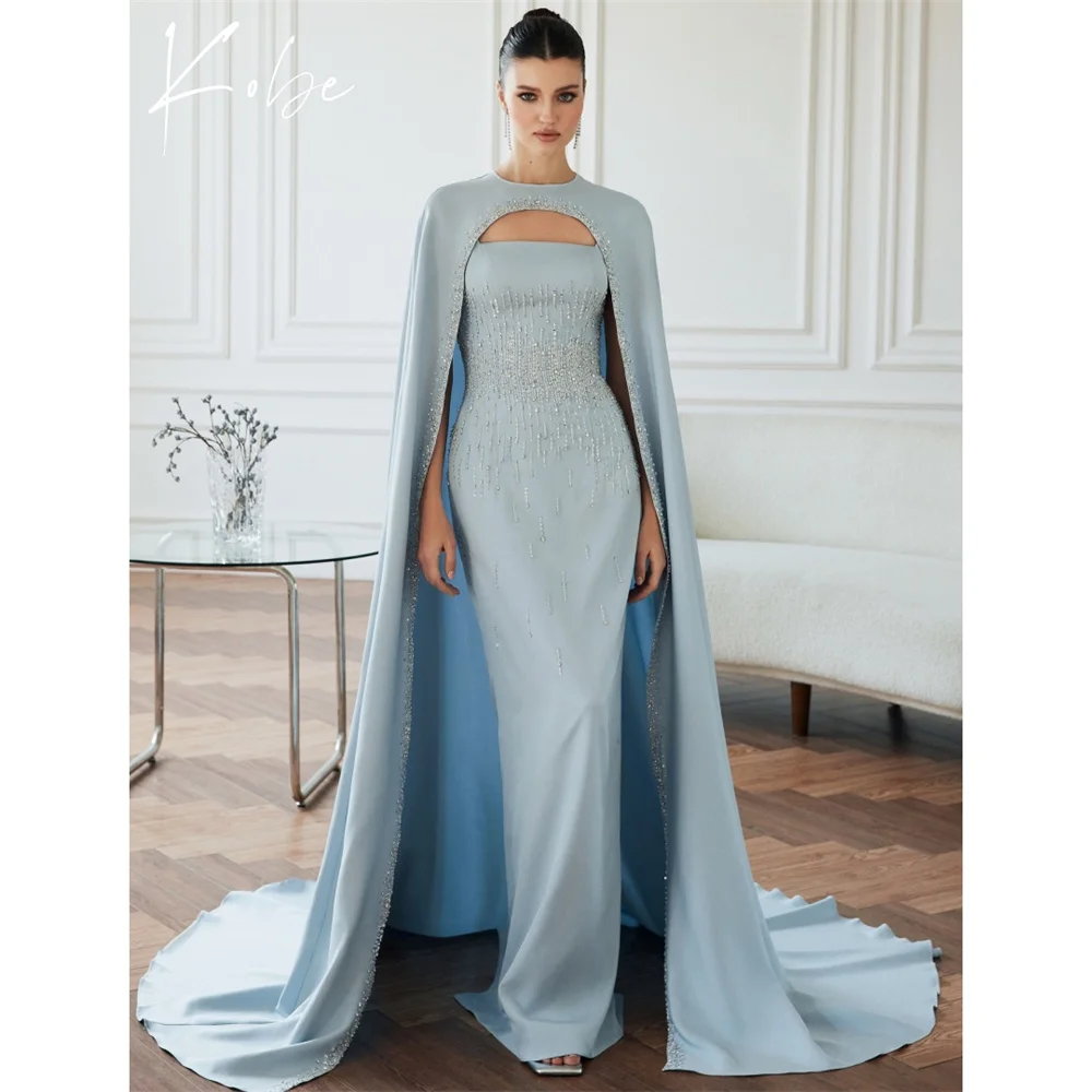 

Kobe Blue Spaghetti Strap Prom Dresses Sleeveless Customized فساتين سهرات Detachable Shawl Elegant vestido de gala noche mujer