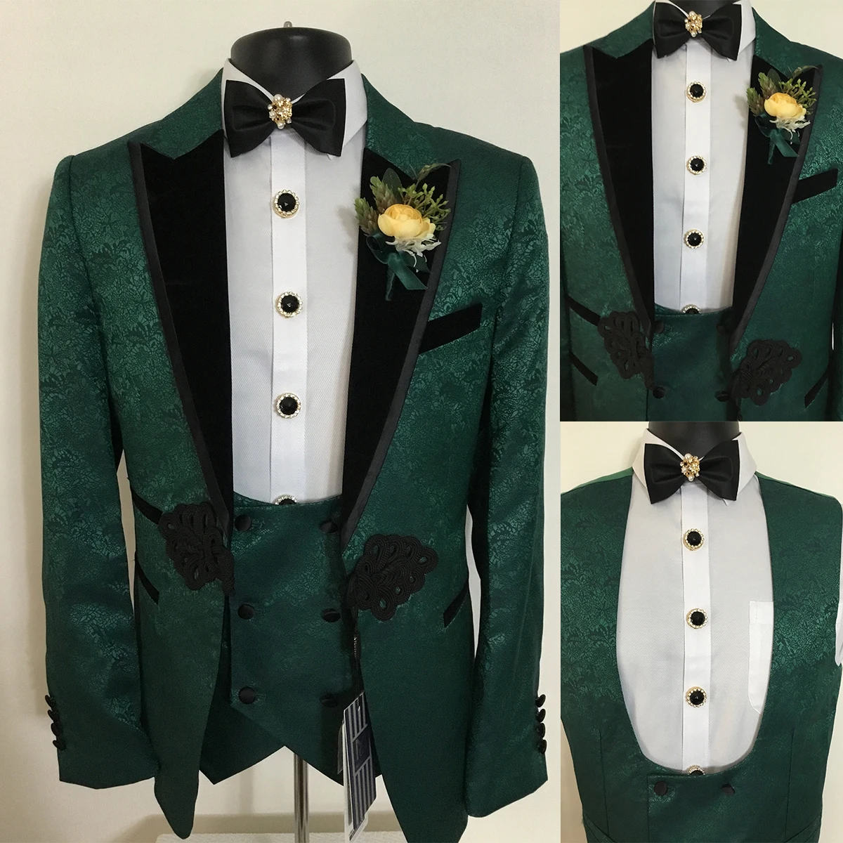 

Floral Jacquard Men's Suits For Wedding Slim Fit Groom Wear Chinese Knot Tuxedos 2 Pcs Peak Lapel Blazer Vest Customize