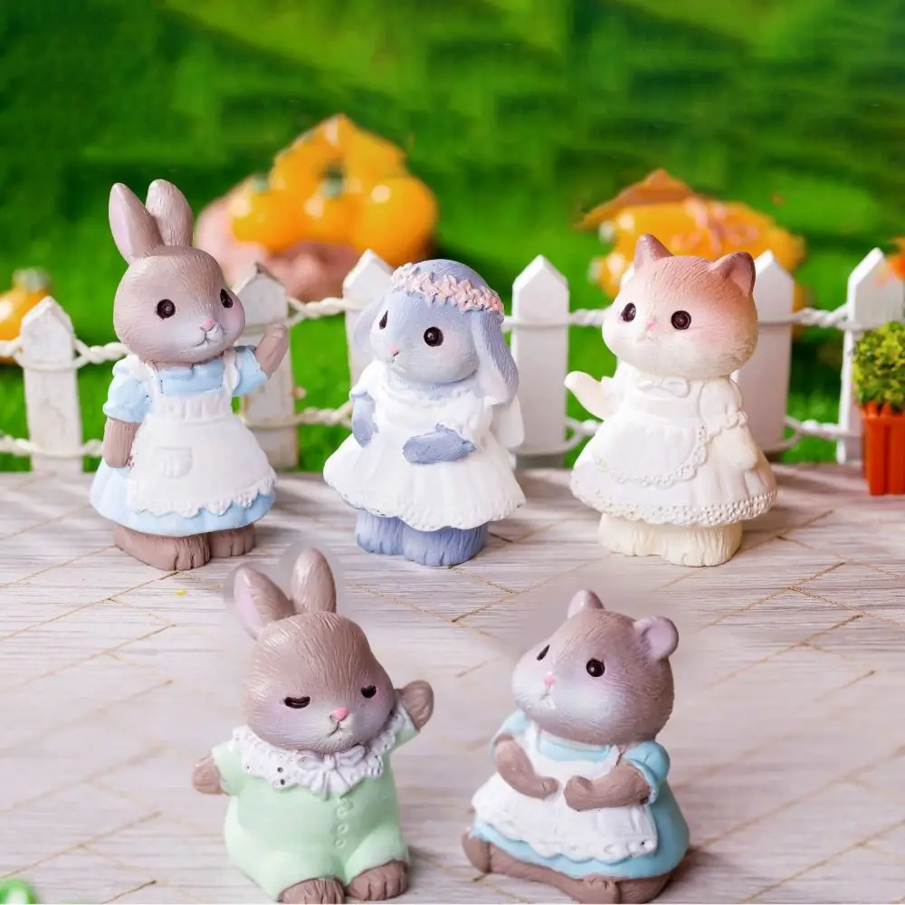 5Pcs/Set Resin Craft Animal Easter Decoration Maid Rabbit Cat Mouse Mini Miniature Figure Decorative Ornaments Garden Decoration