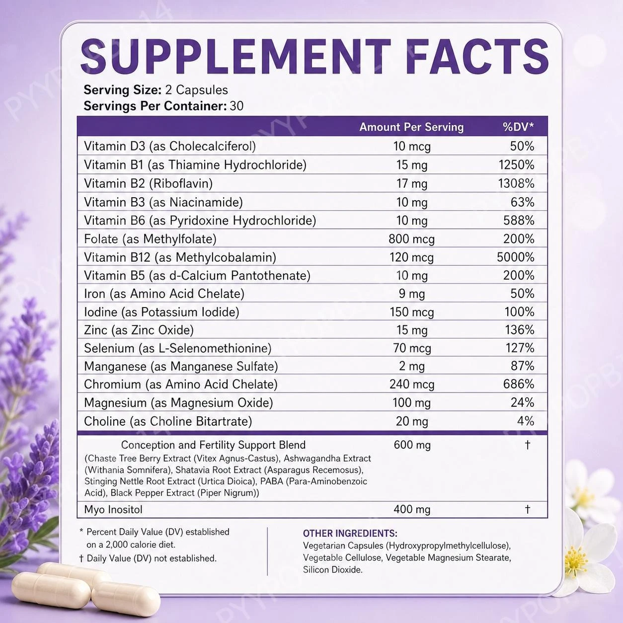 Fertility Support for Women Myo-Inositol Folate Zinc Magnesium Vitamin B12 Pre-Pregnancy Capsules 60 Count