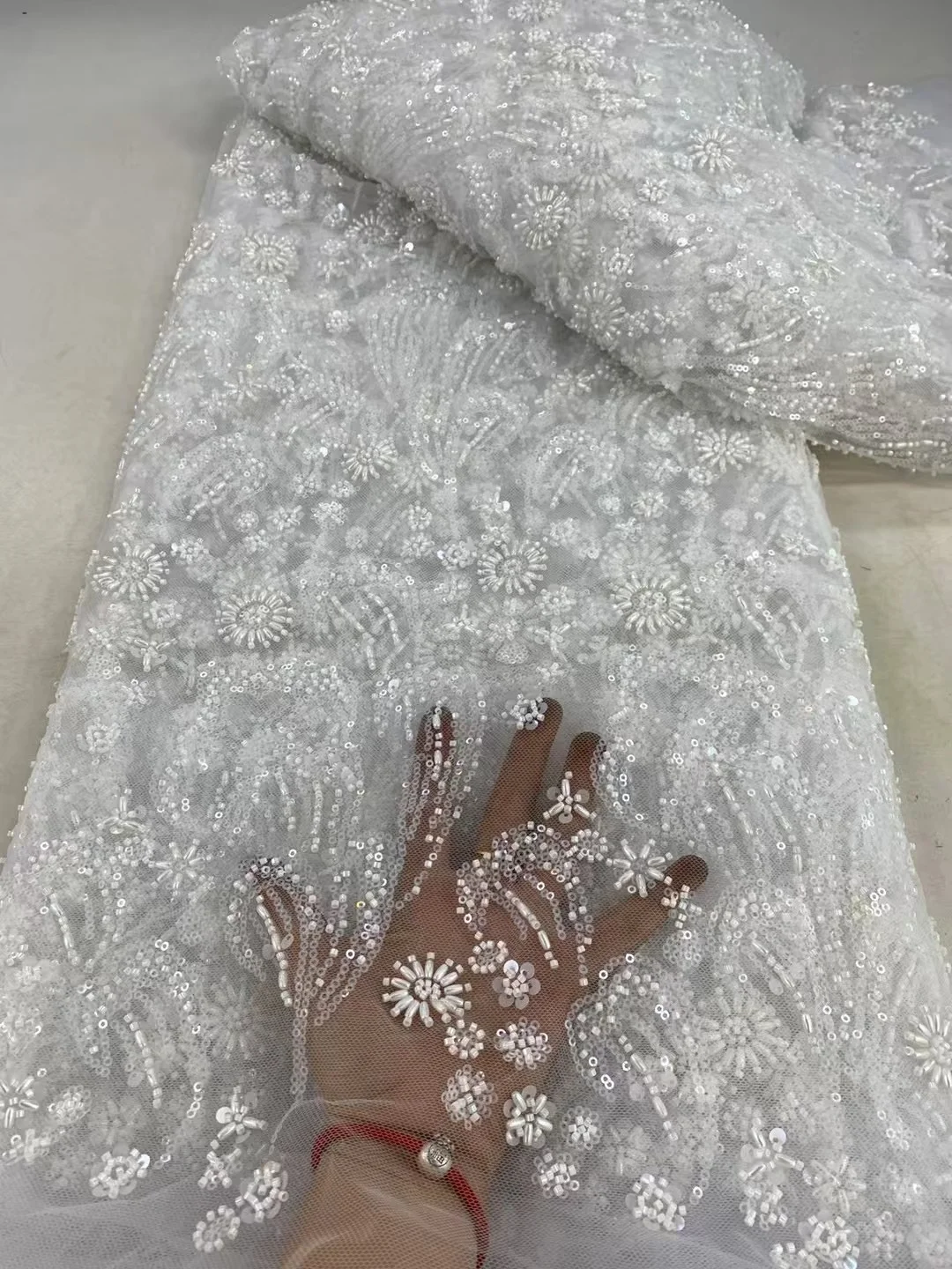 

Beauty Nigerian Embroidery Beaded Lace Party Fabric High Quality Tulle 5 Yards African Beades Net Lace Wedding Dress Fabrics