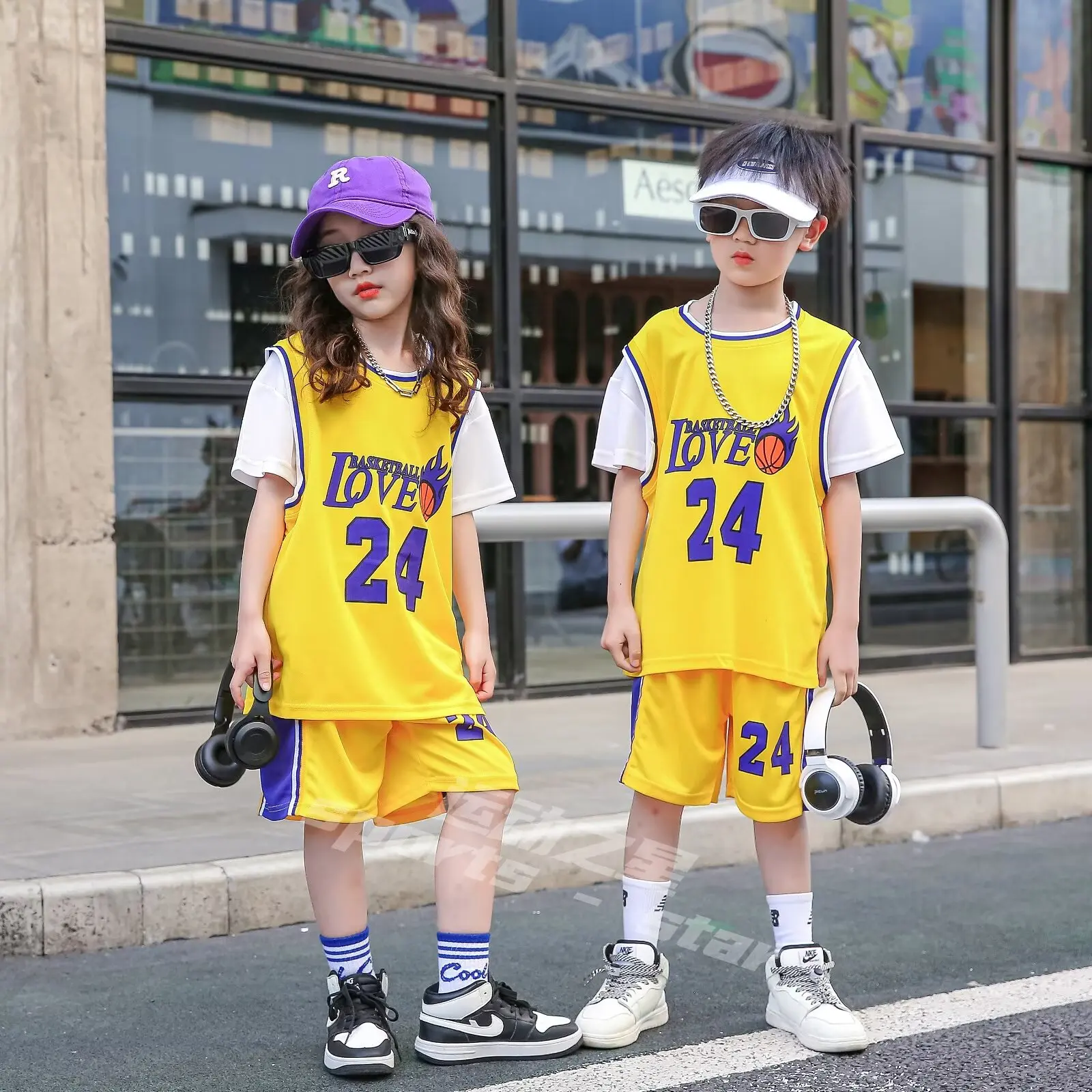 New 24/25 children's clothing suit sports sweat-absorbent boys and girls #24basketball jersey fake two-piece uniform suit for pr