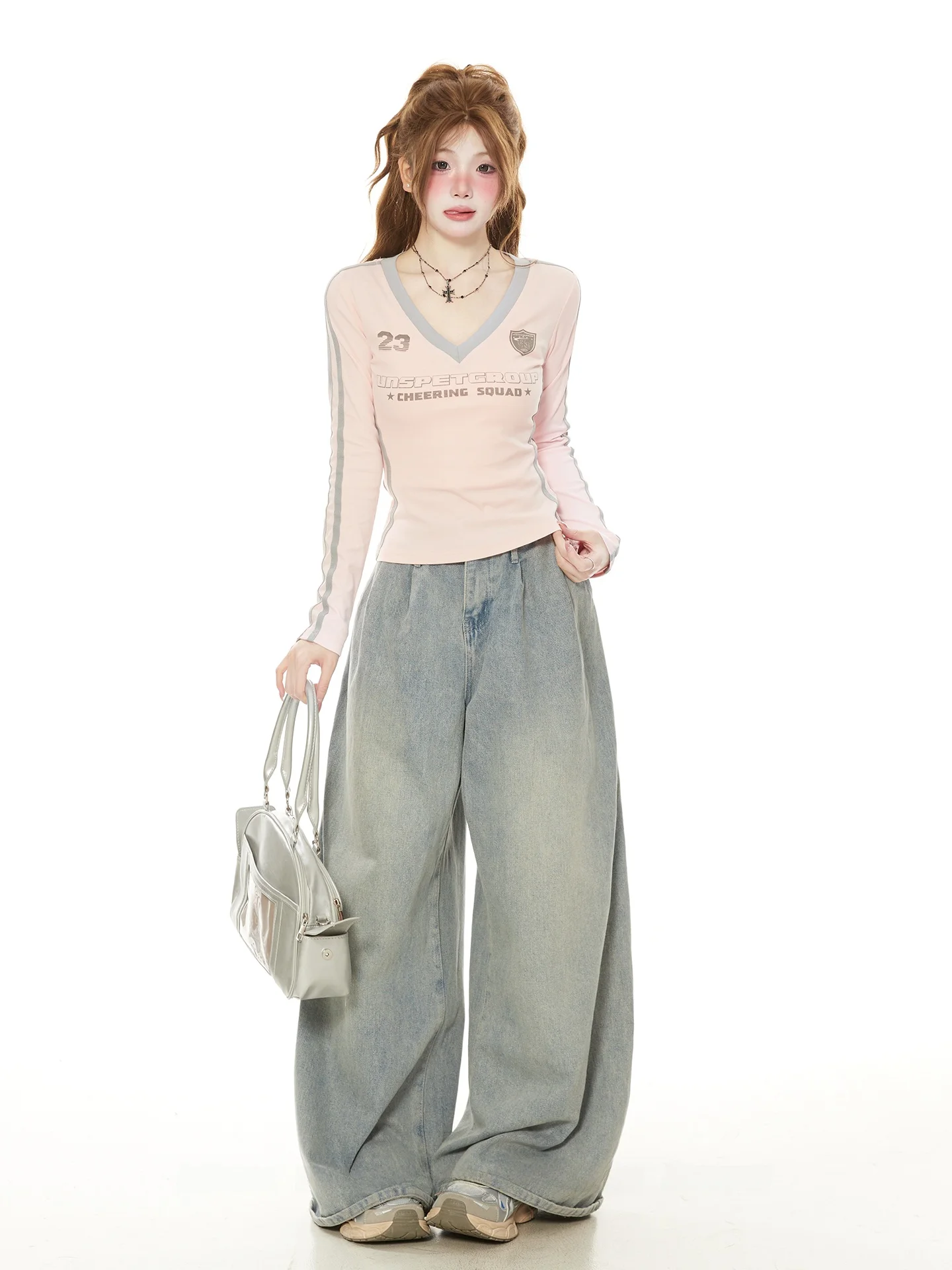 

Модный женский топ в стиле Y2K, весна-осень, новый красивый облегающий розовый топ с V-образным вырезом