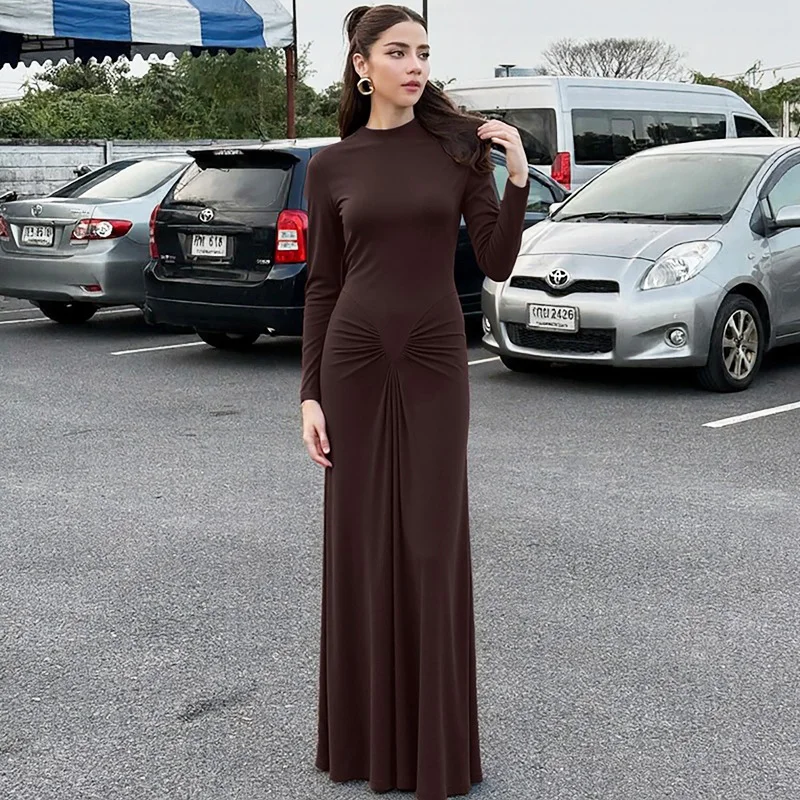 Ticketsx Fashion Ruched Slim Long Dress Solid Women Patchwork Long Sleeve Dress Autumn New Vacation Elegant Party Evening Dress