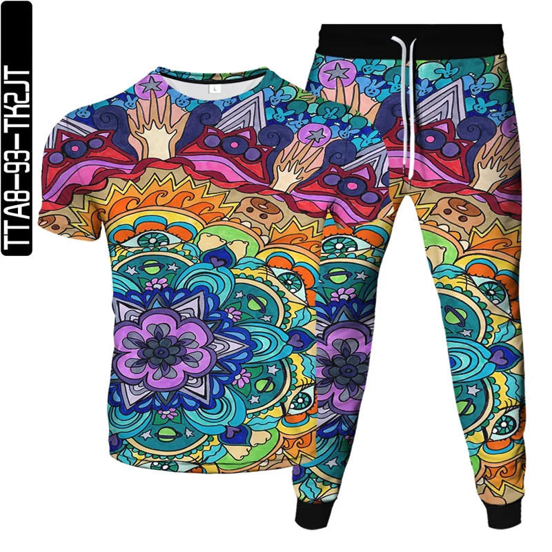 Colorful Cashew Flower Tracksuit Men Women 2 Piece Set Paisley UFO Bitcoin 3D Print T-Shirt Pants Suit Couple Jogging Sportswear