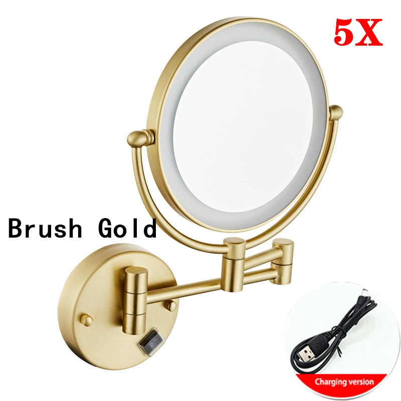 Rose Gold Led Opvouwbare Badkamerspiegel Wandmontage Verlichte Home Hotell Badkamer Make-upspiegel 5X Vergrotende Plug Badspiegels