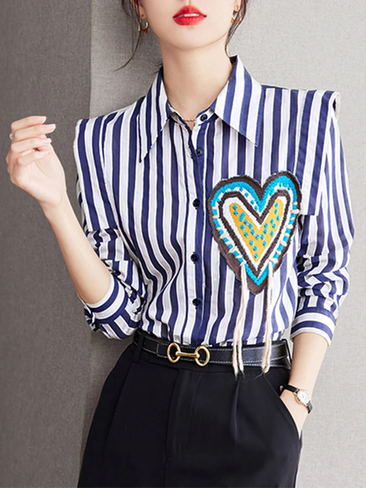 Women Clothing 2024 Niche Design Striped Shirt Elegant Chic Long Sleeve Blouse Spring Autumn Fashion Casual Tops