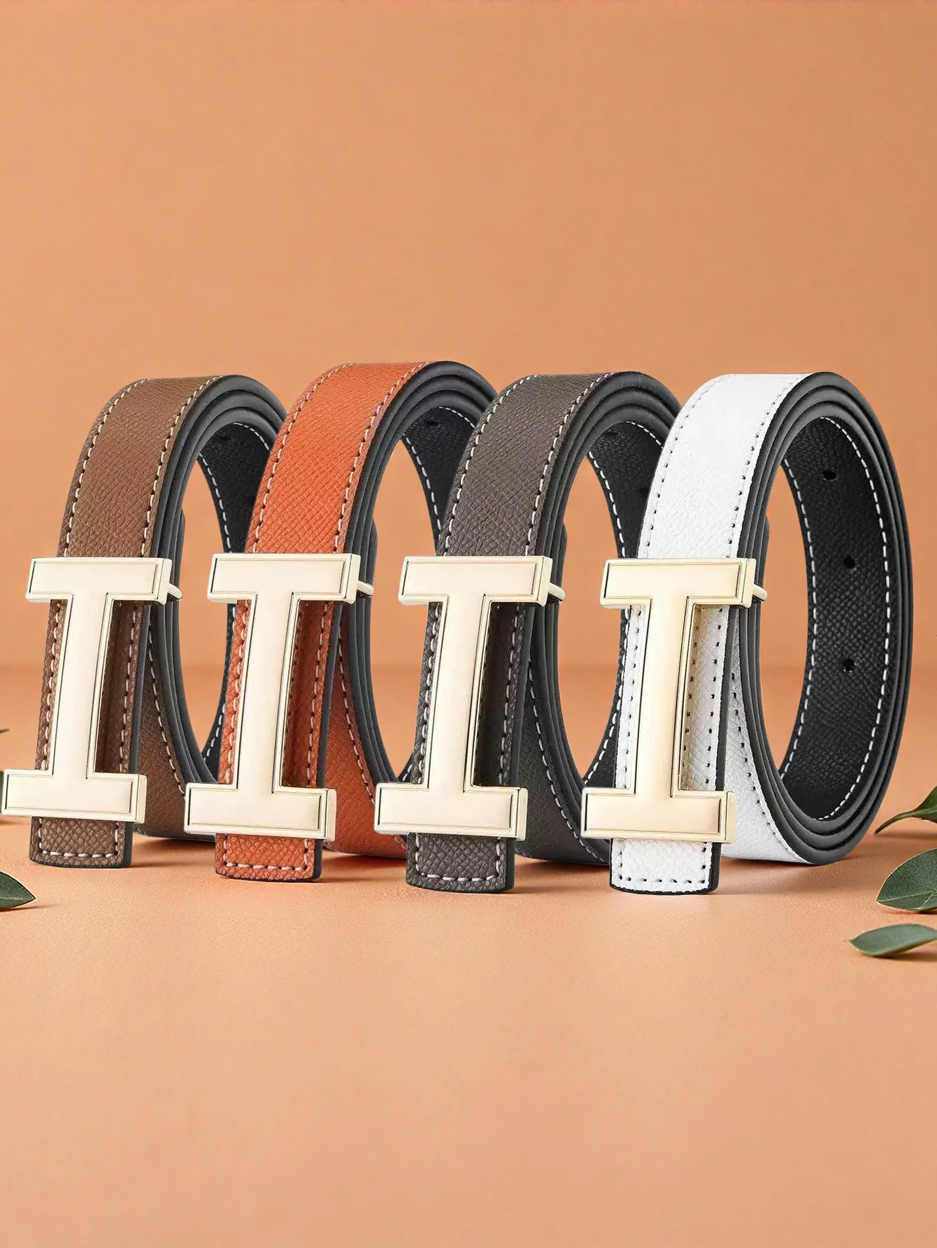 1 piece women's fashion reversible leather belt with gold alloy buckle, suitable for daily matching with pants and skirts (doubl
