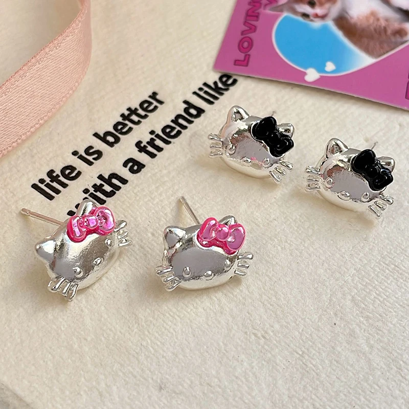 1Pair Kawaii Sanrio Hello Kitty Earrings Cute Cartoon Stud Earrings For Women Girls Trendy Party Jewelry Accessories Gift