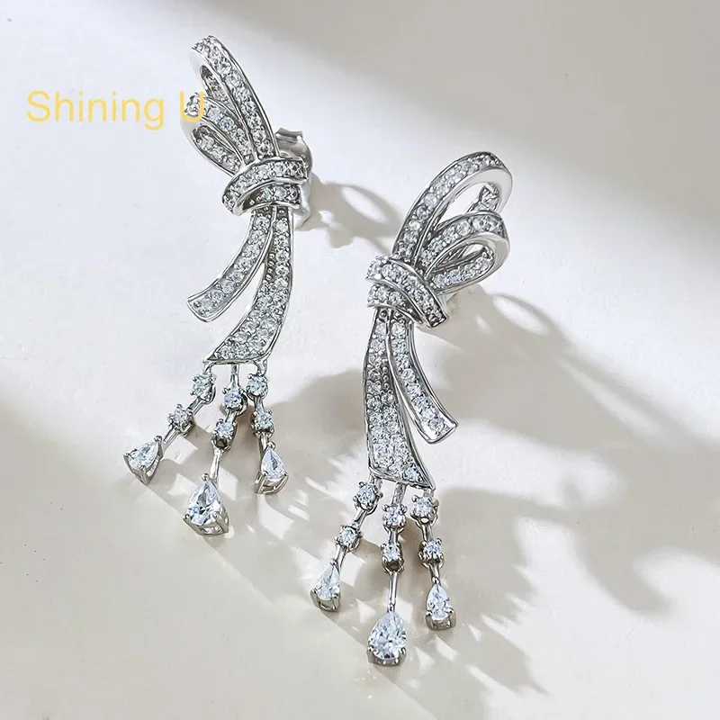 

Shining U S925 Silver Bowknot Drop Earrings for Women Fine Jewelry Engagement Anniversary