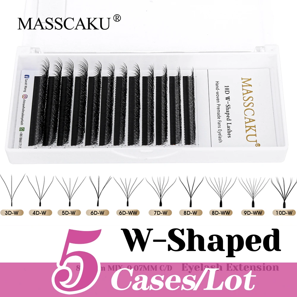 

Hot Sale 5cases/lot MASSCAKU 8-15mm and Mix Length W Shaped Clover Eyelash Matte Dark Black Fluffy W Style Lashes for Makeup Use