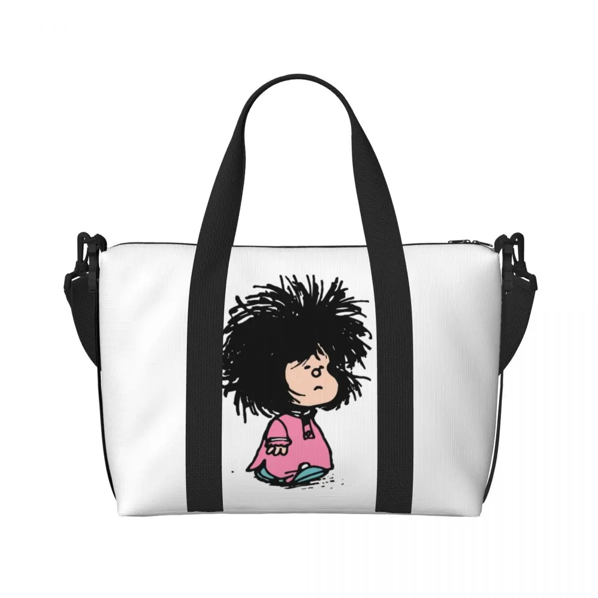 Custom Humor Manga Mafalda Beach Tote Bag for Women Extra Large Gym Carry On Quino Argentina Cartoon Travel Shopping Bags