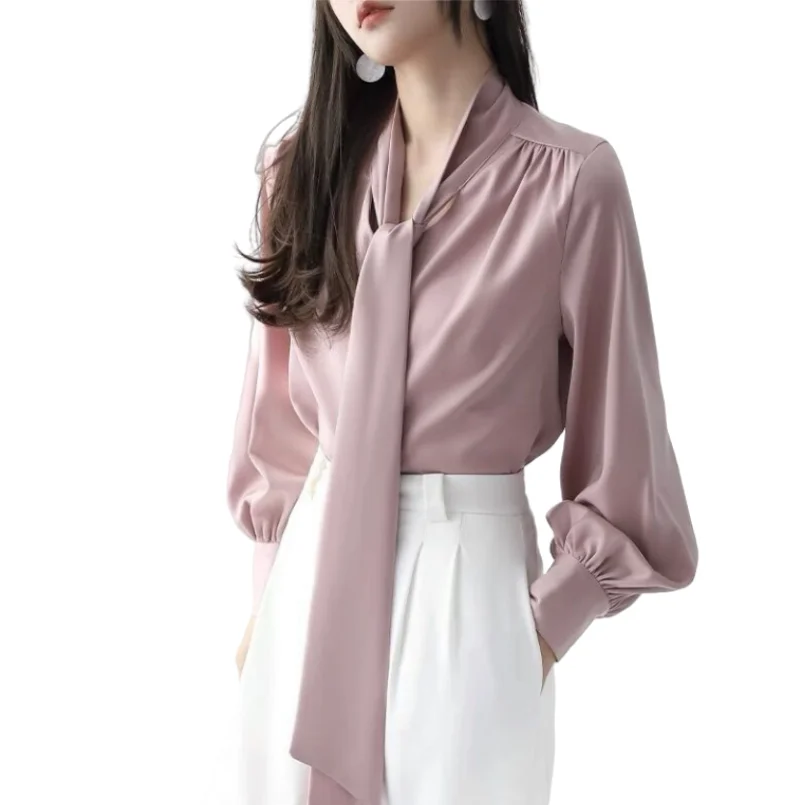 

2024 New casual shirt satin collar tie up tops long sleeved cuffs button design blouse for women blusas elegantes femeninas