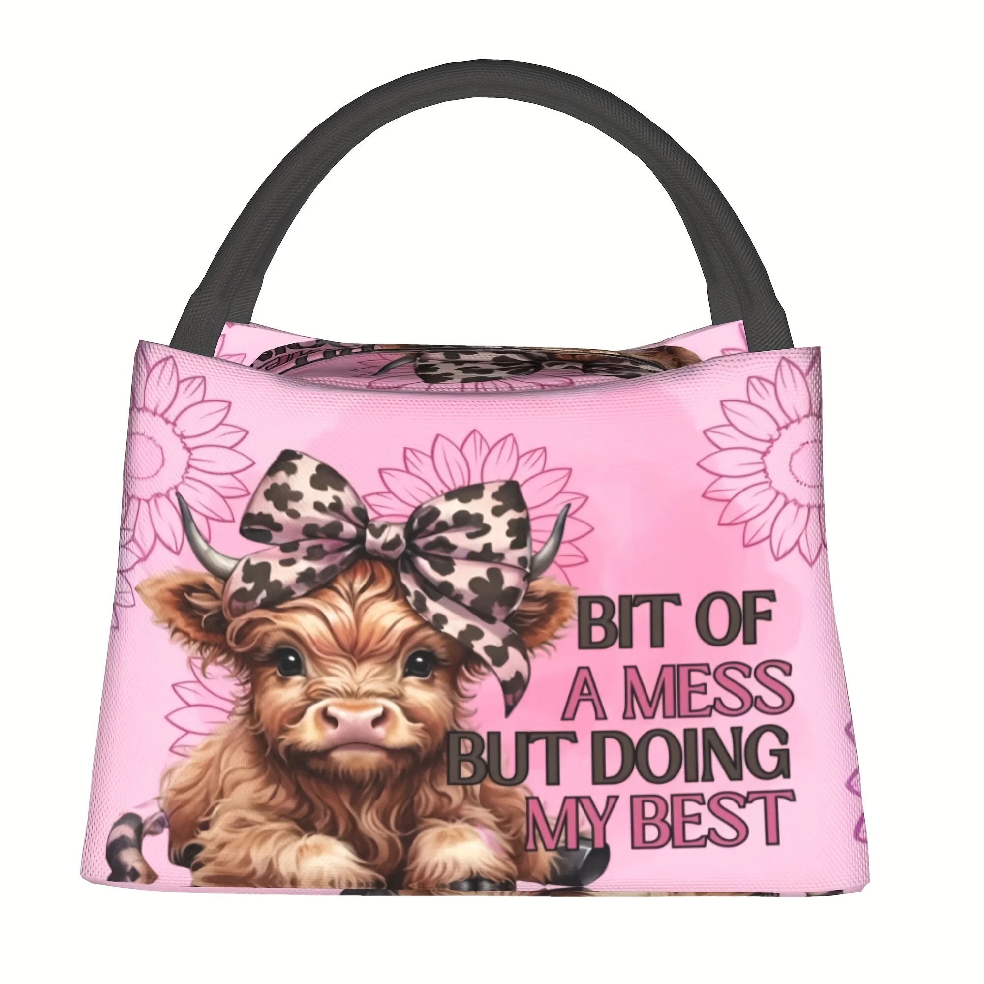 Portable, Reusable Cooler Bag Featuring a Highland Cow Design with a Leopard Print Bow, Perfect for Camping, Picnics