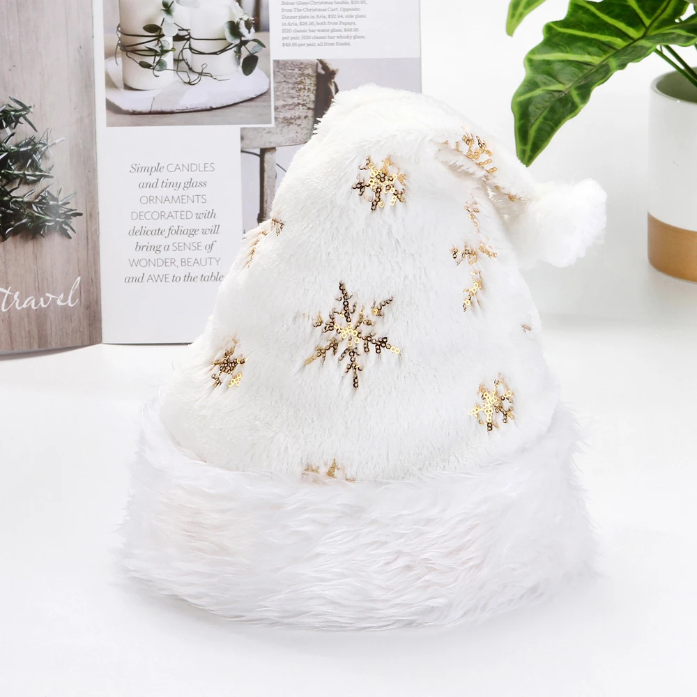 2023 White Plush Christmas Hat Golden Slivers Snowflake Santa Claus Hat Xmas Warm Hat Adults Favor Noel Decor For Home