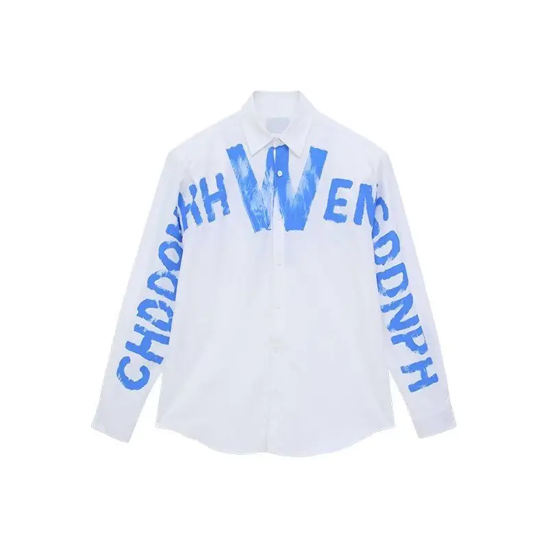 Sprayed graffiti letters and stylish design thin loose casual long-sleeved shirt trendy tops and versatile shirts