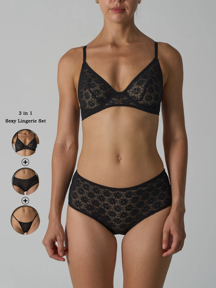 VITALINOVO 3 Pieces Lace Lingerie Sets Women's Unlined Plunge Bra Sexy Lace Bra Demi Sheer Underwire Matching Panties Thong Suit