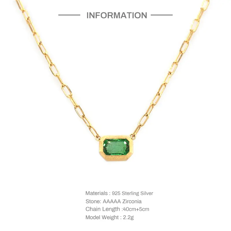 Collares Mujer 925 Sterling Silver Paperclip Chain Necklaces Emerald Zircon Pendant Necklace For Couple Anniversary Gift