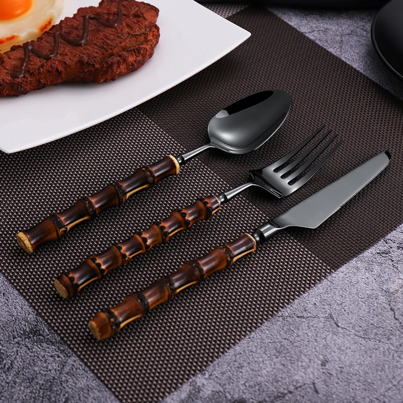 Black Bamboo Handle Cutlery Set Stainless Steel Natural Bamboo Tableware Set Knife Fork Spoon Flatware Set Bamboo Dinnerware Set