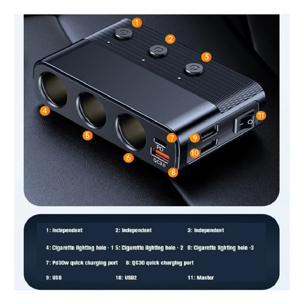 

A82T-1 Tow 3 Car Charger Splitter with Switch Car Charger Car 128W High Power QC3.0 Fast Charge Car Charger