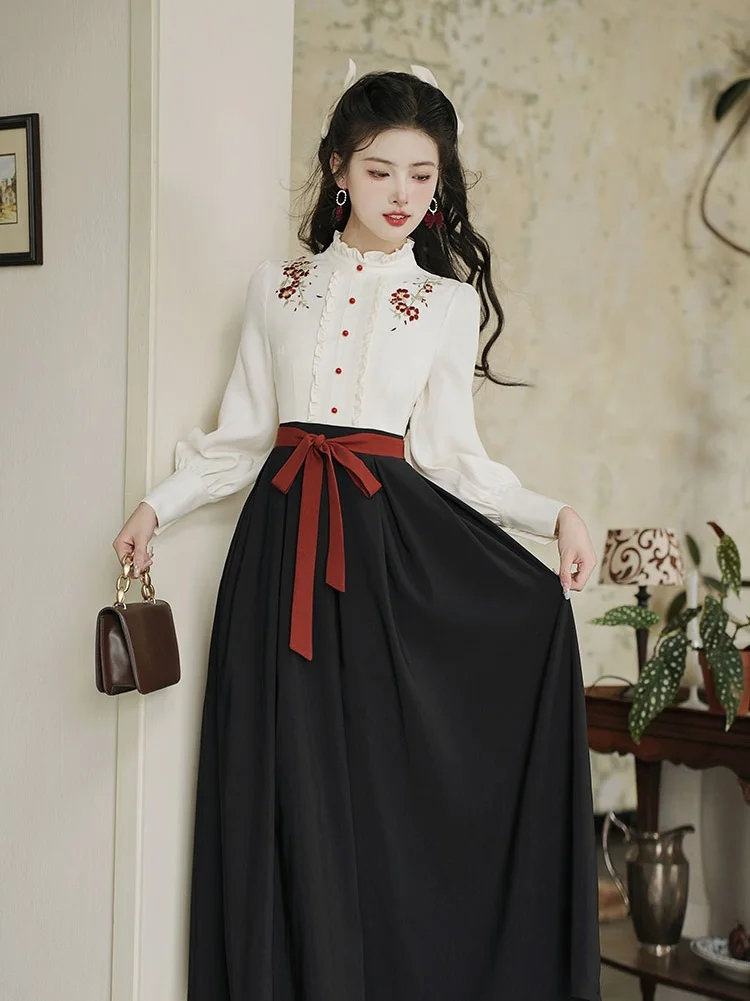 New Design Chinese Style Woman Dress Vintage Chic Embroidery Floral Bandage Patchwork Elegant Lady Long Dresses Faldas Vestidos