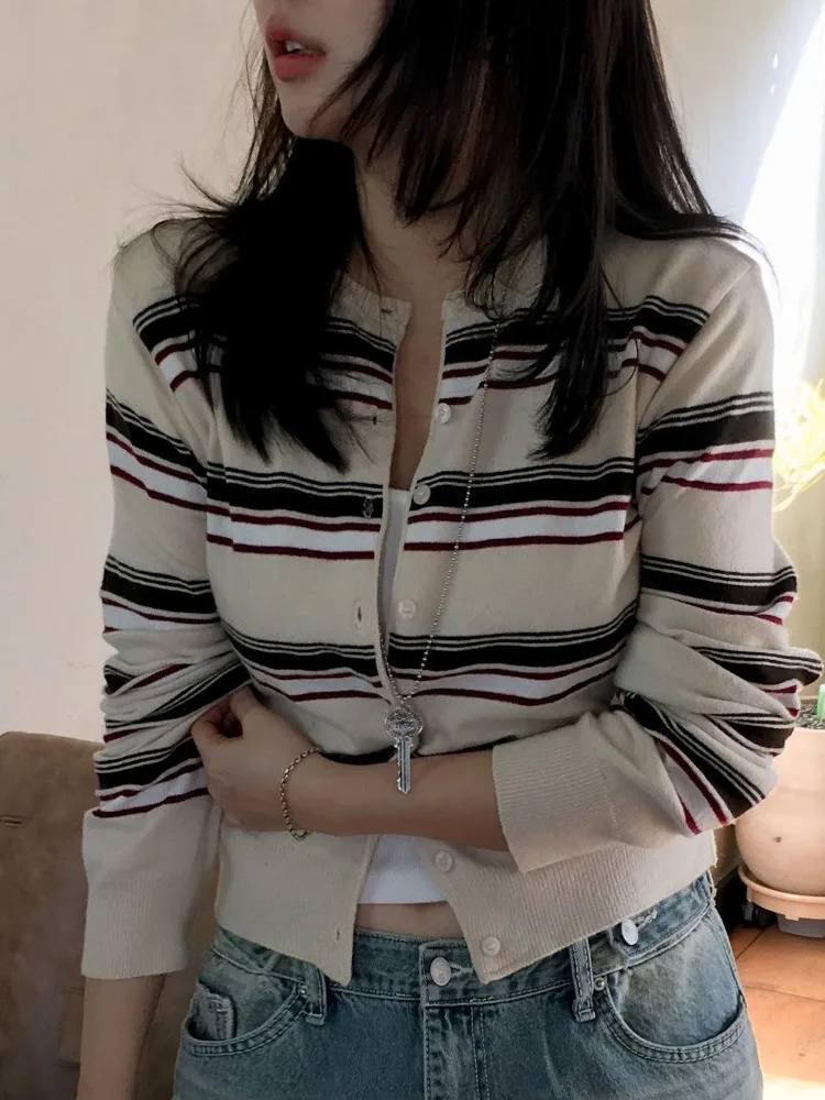 Damska dzianinowa odzież w stylu retro w paski Jaet, długa, wyszczuplająca, modna i uniwersalna rozpinana kardiganowa bluza na wczesną jesień.