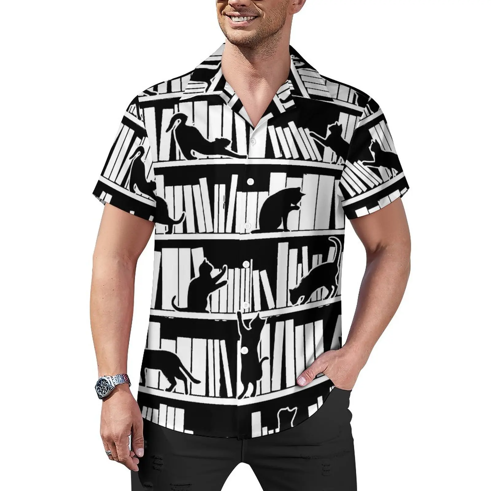 

Library Cats Casual Shirts All I Need Is Books Vacation Shirt Hawaiian Fashion Blouses Man Print Plus Size 4XL