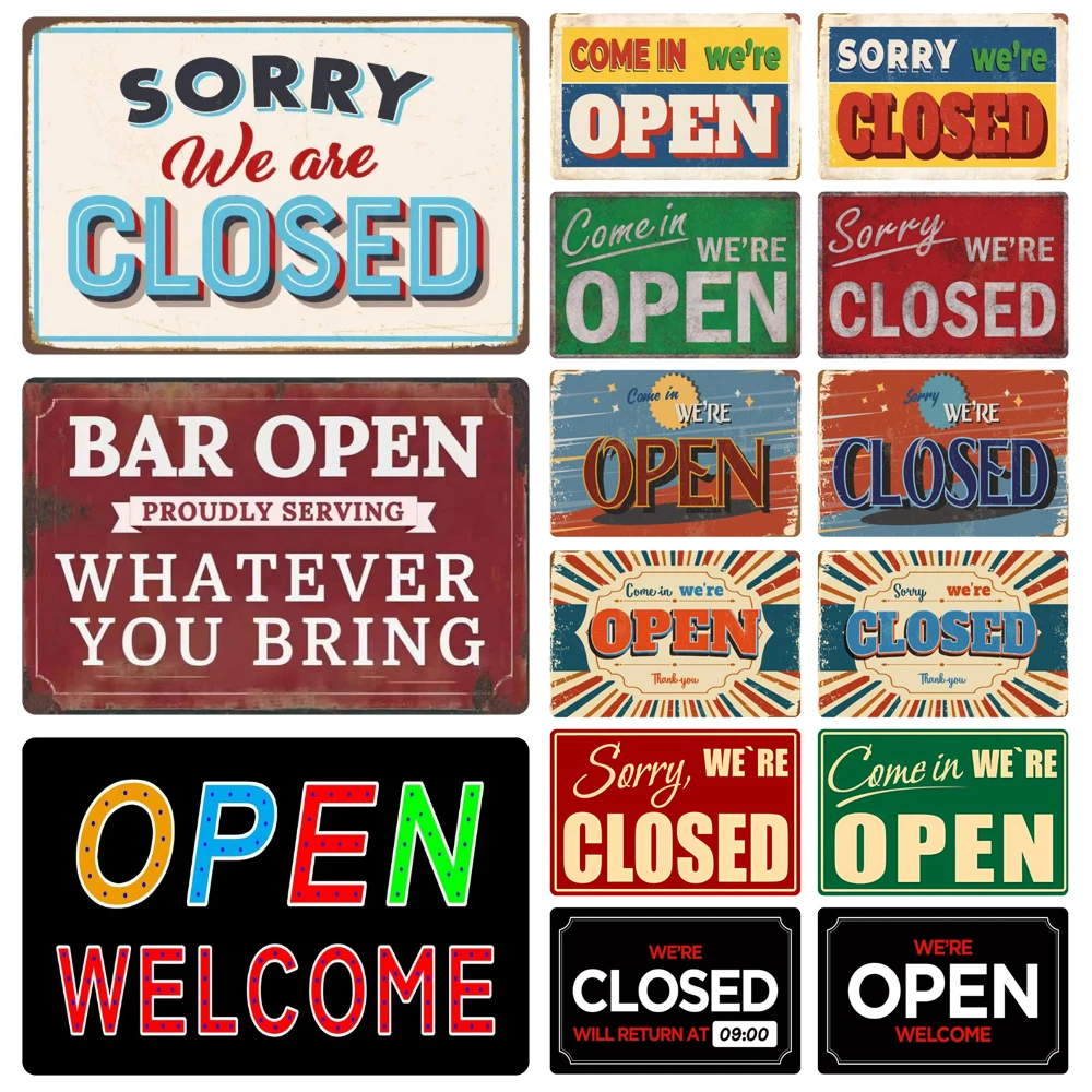 Vintage Open/Closed Wall Sign,retro Bar Open Metal Tin Plaque, Come in, Welcome Wall Decor, for Bar Club,Man Cave Poster, WY279