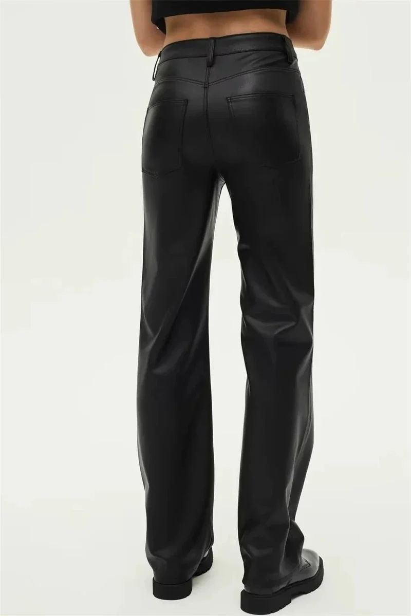 LIBIELIY Neue Damen-Hose der ZW-Serie, klassisch, fünf Taschen, Kunstleder, schlichtes Temperament, gerades Bein