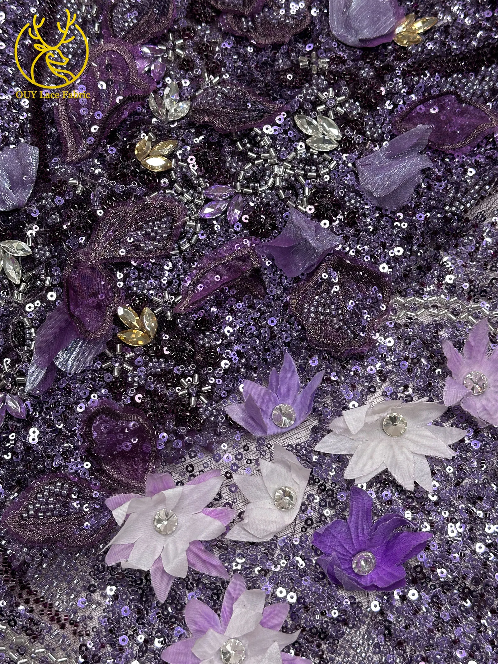 Hochwertiger luxuriöser französischer Edelstein-Perlenstickerei-3D-Blumen-Afrikanischer-Pailletten-Spitzenstoff für DIY handgefertigtes Hochzeitskleid. – Detail 29
