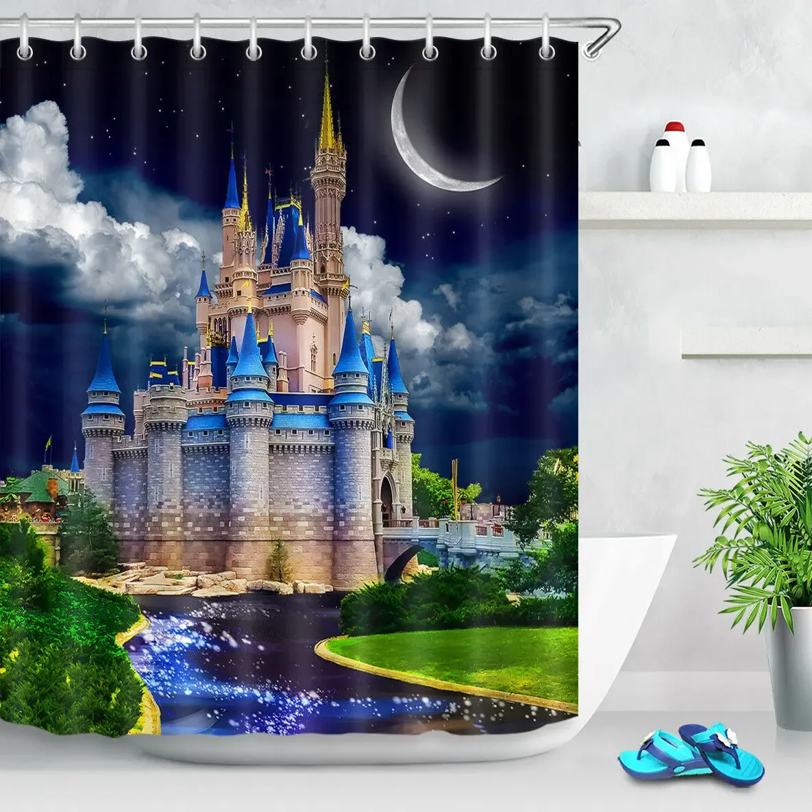 Night Fairy Tale World Castle Fabric Shower Curtain Set Bathroom Decor Hooks Uniqued