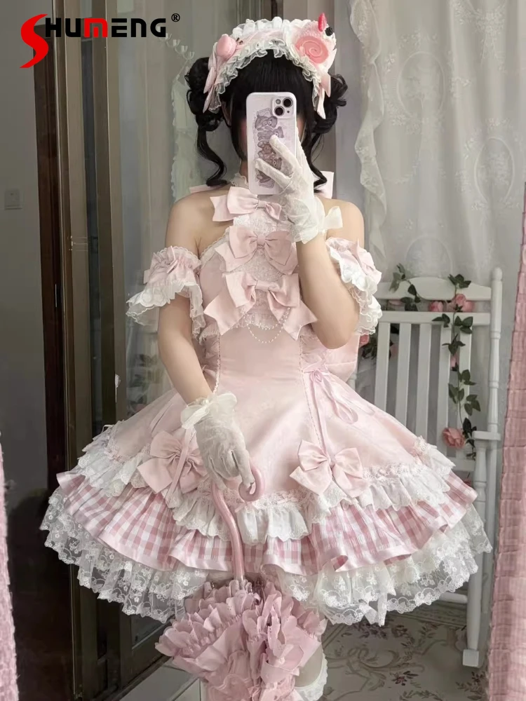 

Japanese Lolita Pink Off-Shoulder Dress JSK Summer Girl's Slim Elegant Short Dress Lo Birthday Party Dress Vestidos De Fiesta
