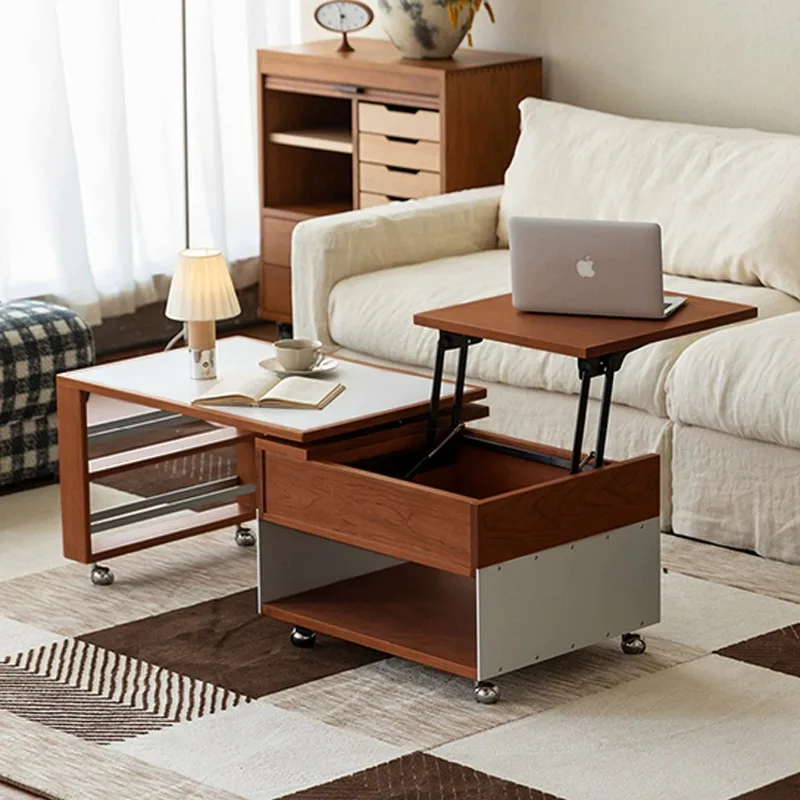 Living room household mobile tea side table antique small apartment can be rotated and lifted solid wood rock board tea table