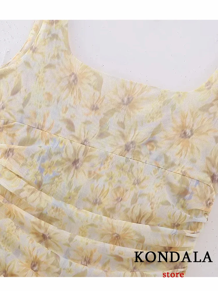 KONDALA Vintage Chiffon Flower Cami Women Dress Square Collar Front Split Folds Slim Long Vestidos Fashion 2023 Summer Dress