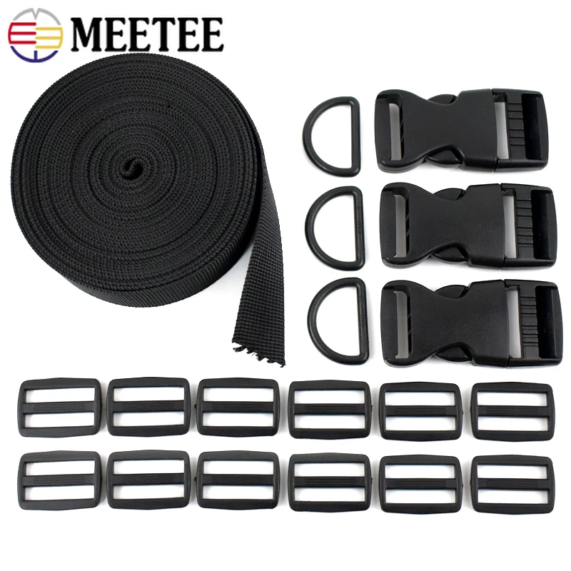 Meetee 25mm Black Plastic Side Release Buckle Tri-Glide Sliders Clasp D Ring Webbing Bag Strap Adjust Buckles DIY Accessory