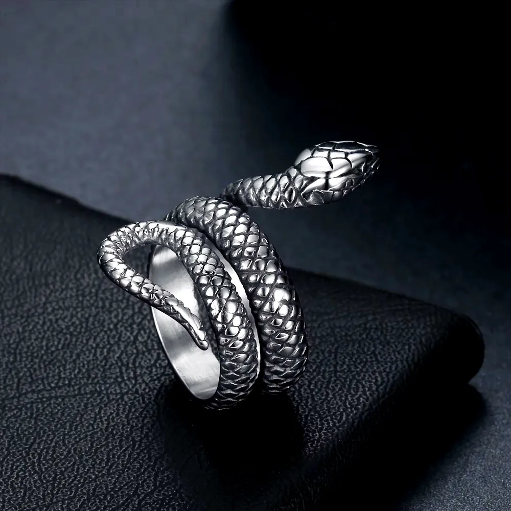 Gothic Coiled Snake Stainless Steel Ring Vintage Scale Serpent Wrap Design For Men Women Punk Hip Hop Fashion Jewerly Wholesale