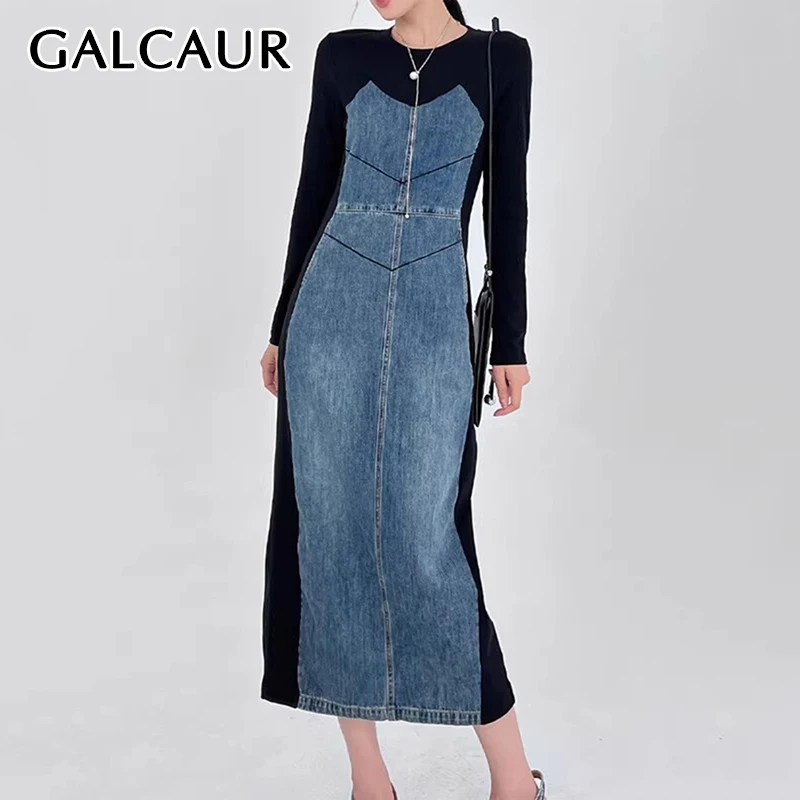 

GALCAUR Colorblock Casual Denim Dresses For Women O Neck Long Sleeve High Waist Slimming Streerwear Dress Female Autumn Clothing
