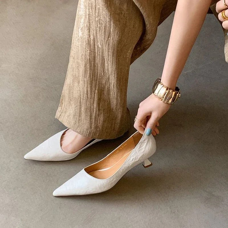 NEW Spring/Autumn Women Pumps Genuine Leather Shoes Women Pointed Toe Thin Heel Shoes Slip-on Shallow High Heels Handmade Shoes