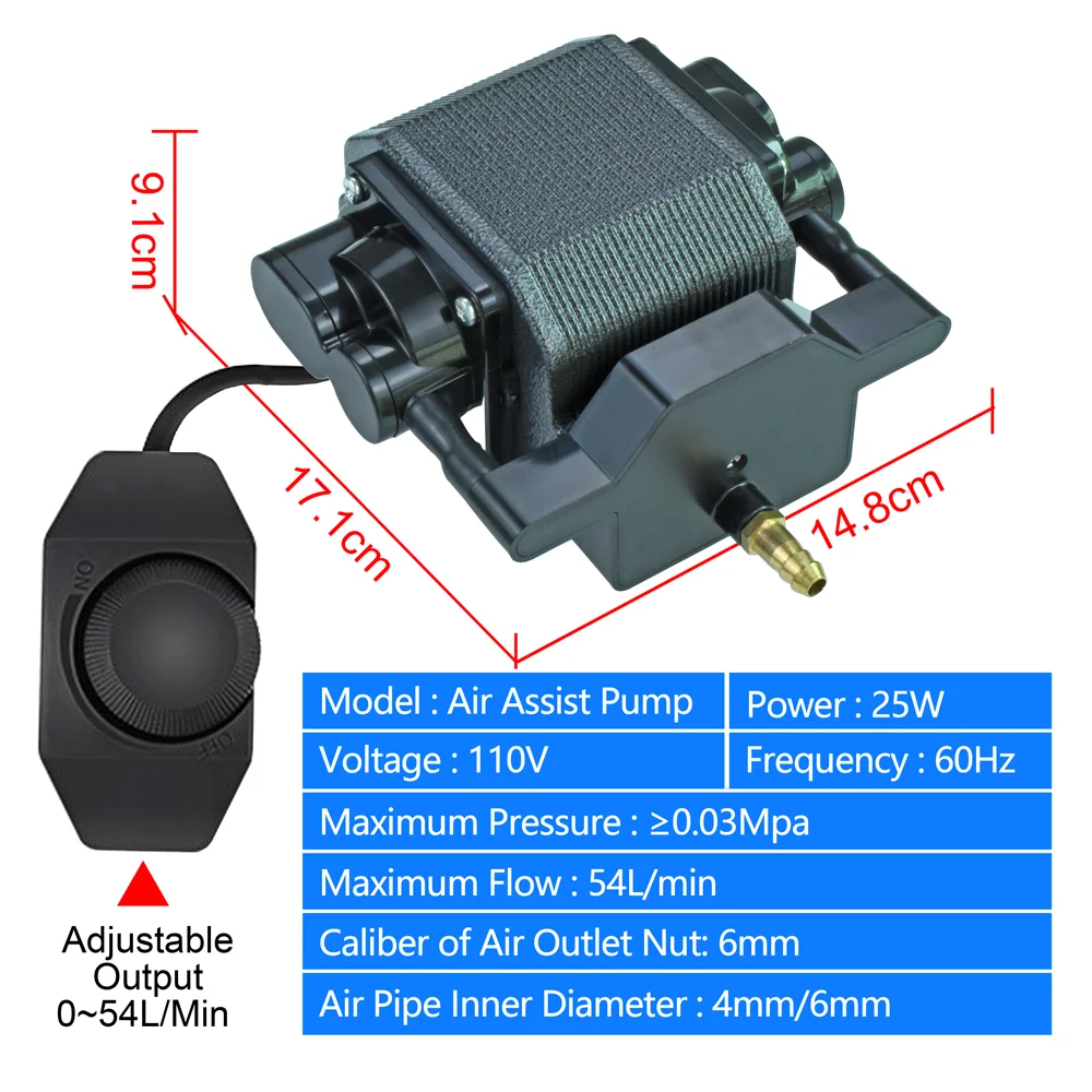 Imagem -03 - Compressor de ar para Cnc Laser Engraving Máquinas de Corte 25w 110v Air Assist Bomba para Gravador Cortador Fluxo de ar Ajustável 54l por Min