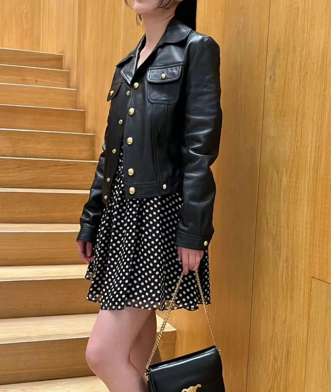 Europe 2023 Autumn Winter Chic Women High Quality Brand New Designer Genuine-leather Biker Jackets Short Coat C482