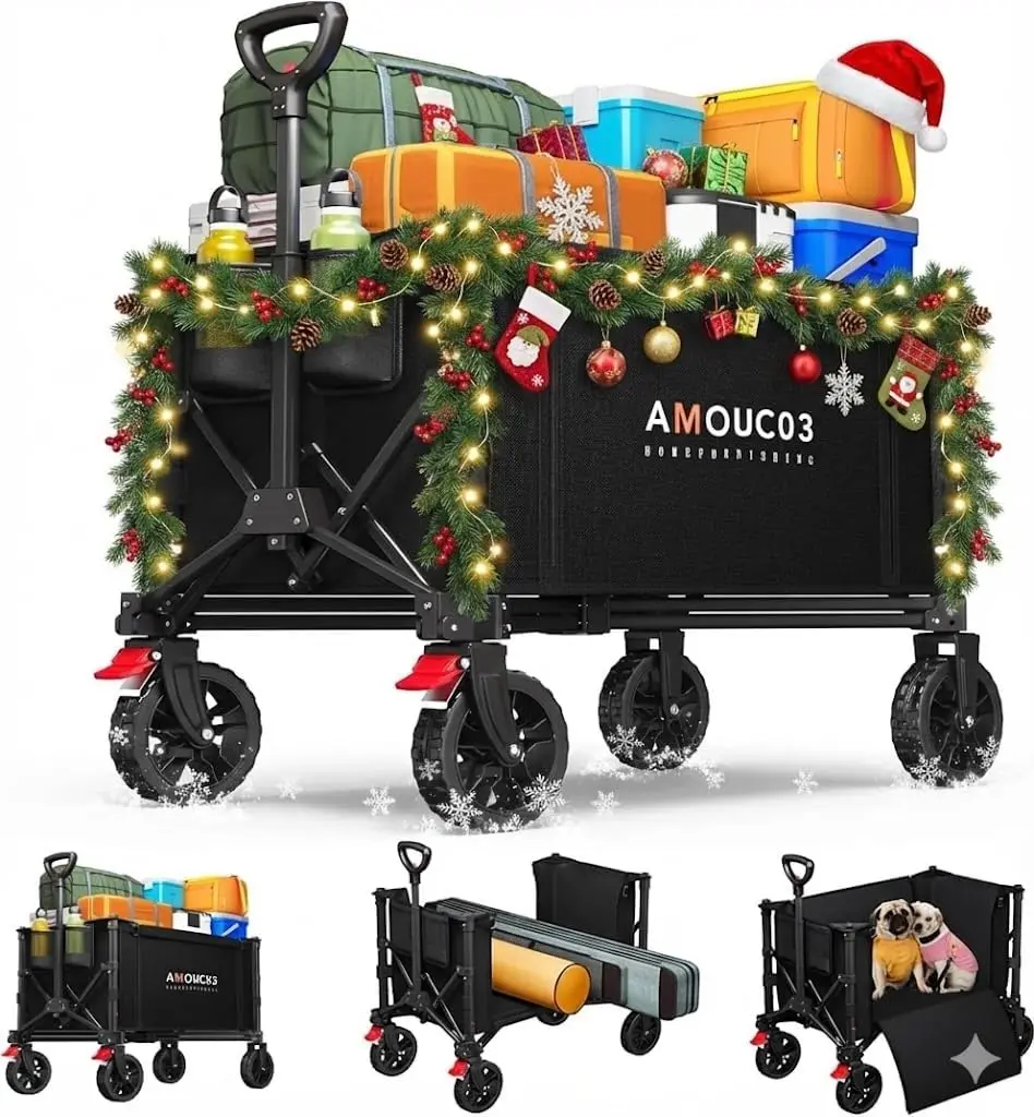 

Foldable Collapsible Wagon Cart with 220 lbs Max Load, Expandable Storage for Groceries, Beach, Camping
