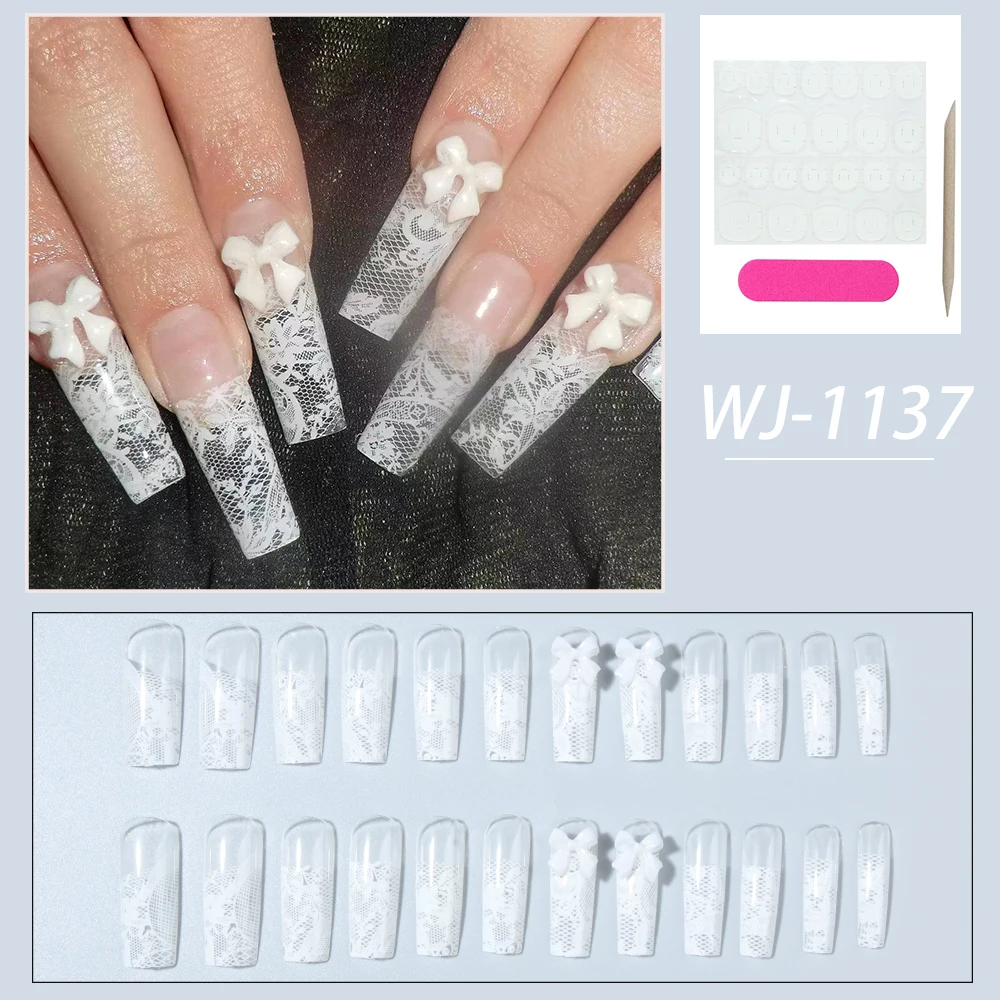 24個の長方形3D樹脂製ボウレース柄付け爪セット、1個のジェリージェルと1個のネイルファイルが含まれ、理想的なネイルアートデコレーション