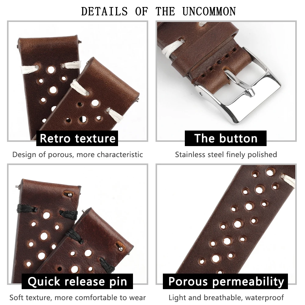 Retro Genuine Leather Watchband 18mm 20mm 22mm 24mm Calfskin Watch Straps Porous Breathable Handmade Stitching for Men