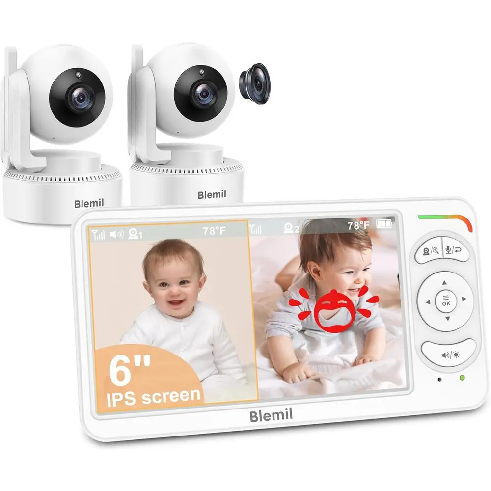 

6 Dual Camera Baby Monitor with 4000mAh Battery, Pan-Zoom, Night Vision, 150 Photos, ECO Mode, 2-Way Talk, 1000ft Range