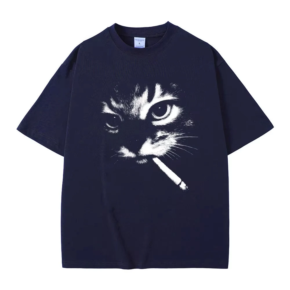 Funny Meme Smoking Cat Face Graphic T-shirt Men Women Casual Cotton Vintage T Shirts Men's Oversized T-shirts Cats Lovers Gifts