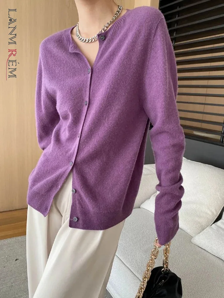 [LANMREM] Knitting Cardigan Sweater For Womrn Solid Round Neck Long Sleeve Office Lady Fit Fashion Top 2024 Autumn New 26C182