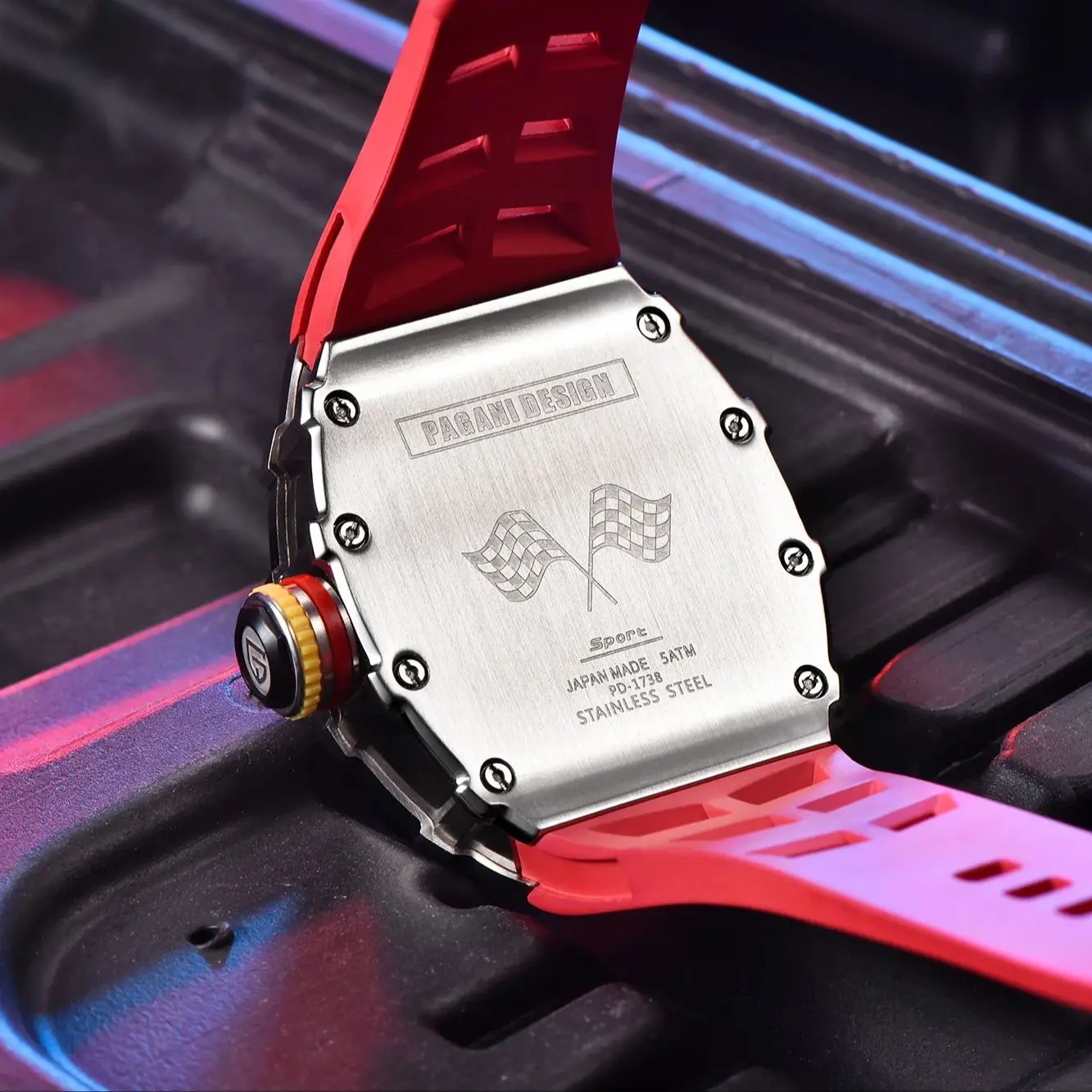 Pagani Design Men's Skeleton Watch Japan VH65 Quartz Rubber Strap Synthetic Sapphire Glass Tonneau Sport man Watch PD1738 - view 6